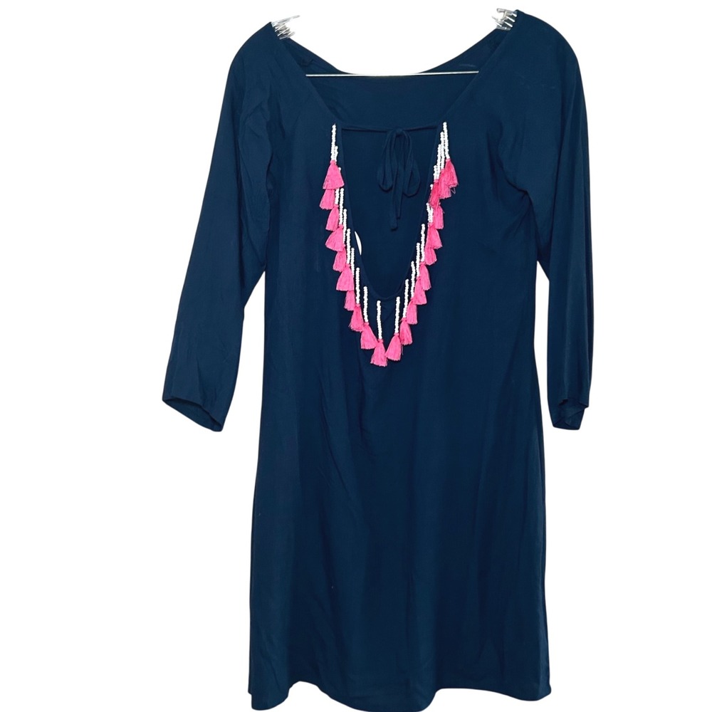 NWT Escapada Living Navy Sansa Cover up pink tassel Mini dress vacation resort